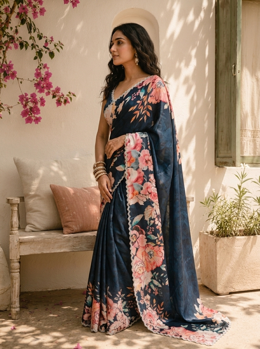 Navy Blue Satin Digital Watercolor Floral Printed Saree