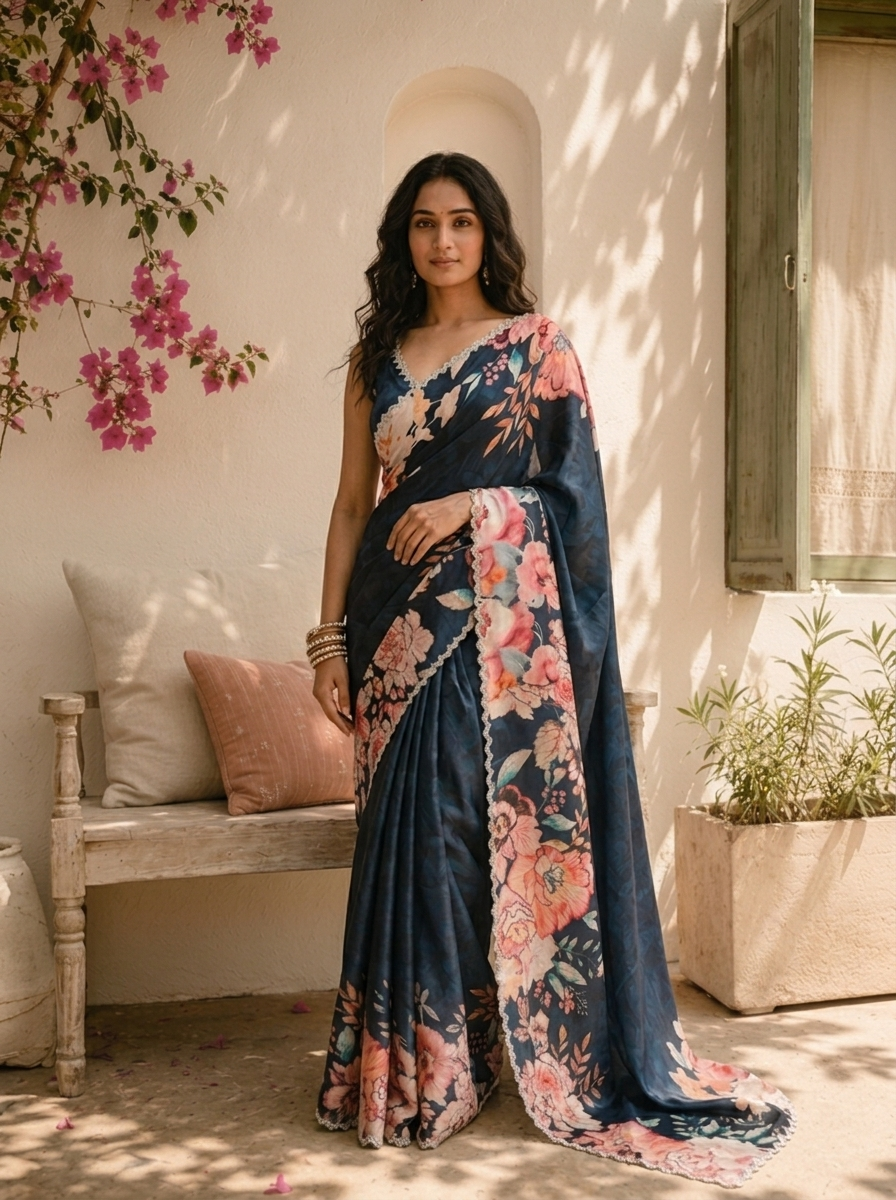Navy Blue Satin Digital Watercolor Floral Printed Saree