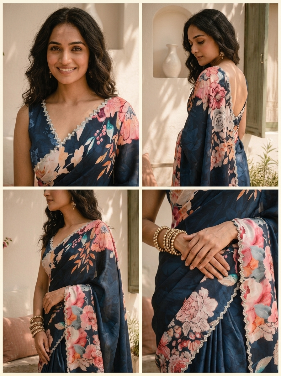 Navy Blue Satin Digital Watercolor Floral Printed Saree
