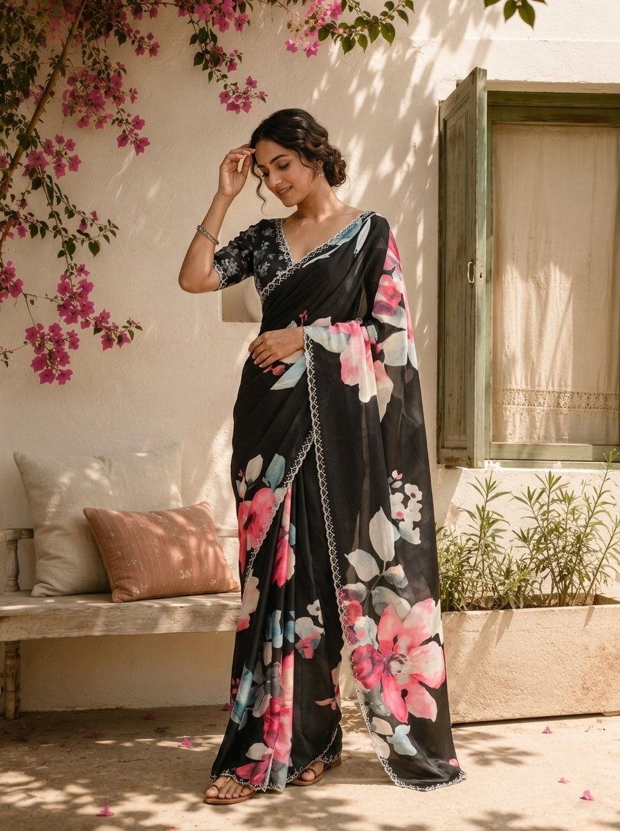 Black Satin Watercolor Floral Digital Printed Saree