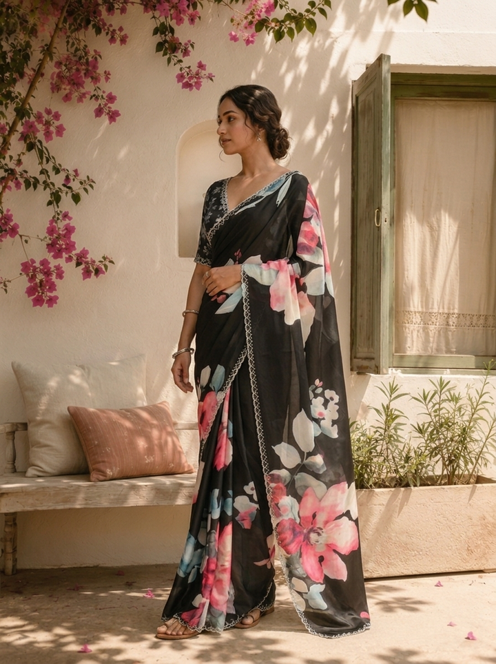 Black Satin Watercolor Floral Digital Printed Saree