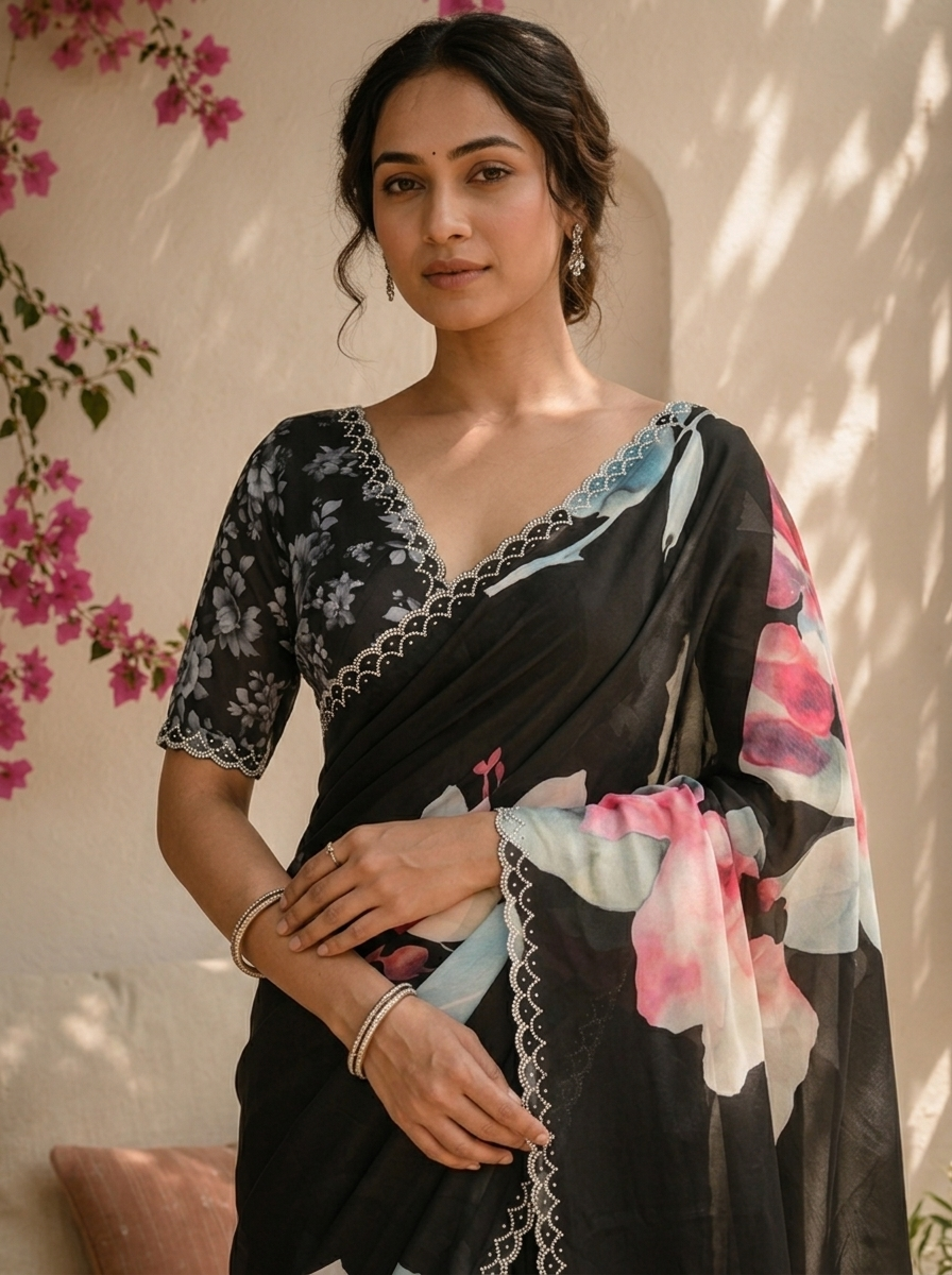 Black Satin Watercolor Floral Digital Printed Saree