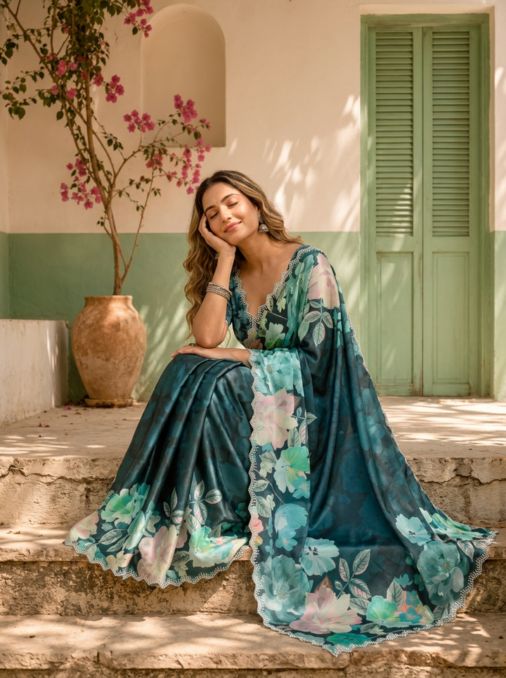 Green Satin Large Floral Printed Saree