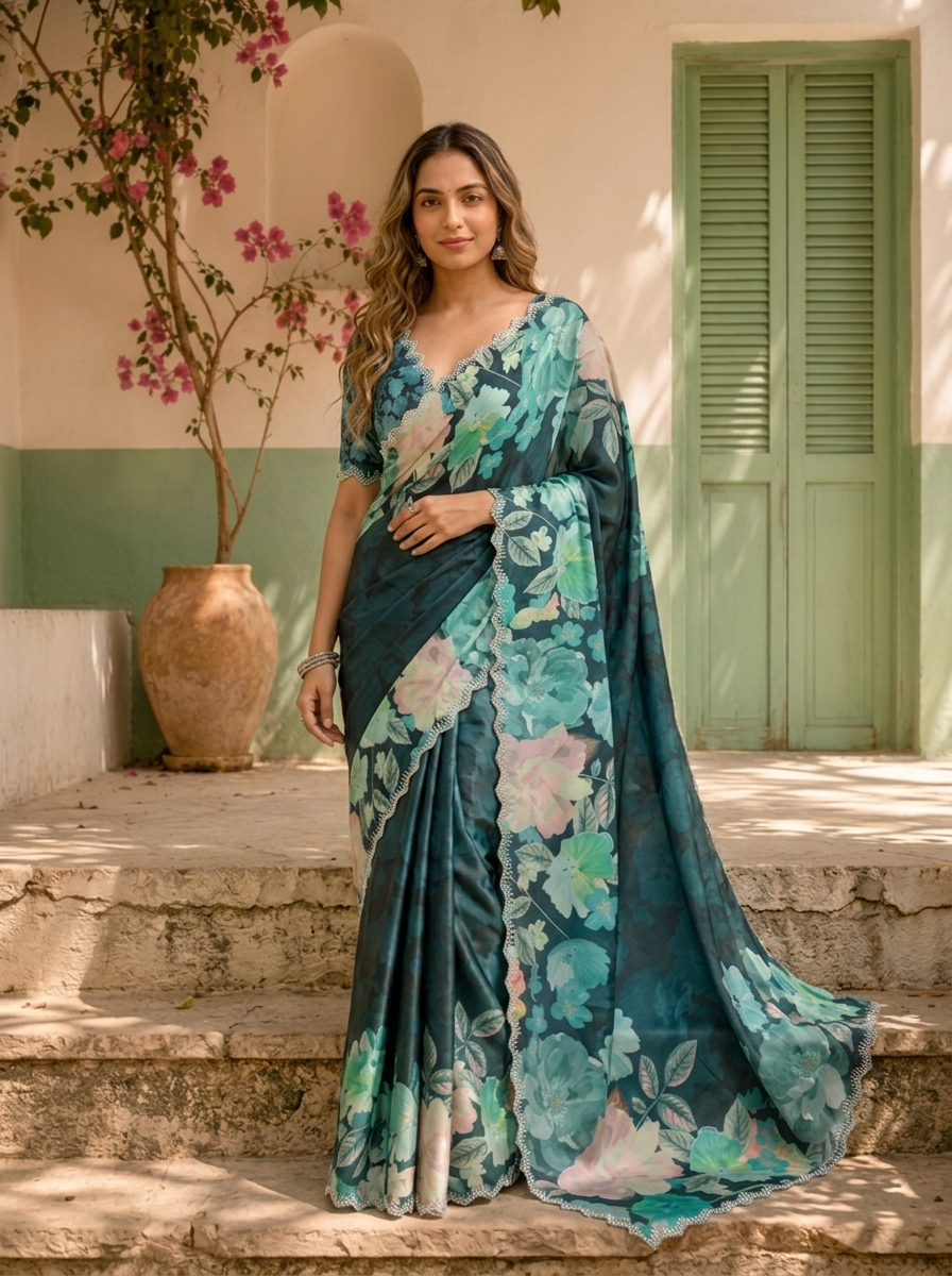 Green Satin Large Floral Printed Saree
