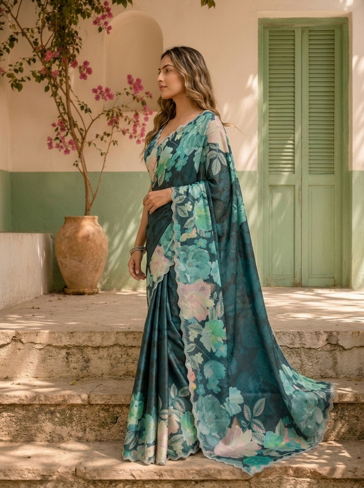 Green Satin Large Floral Printed Saree