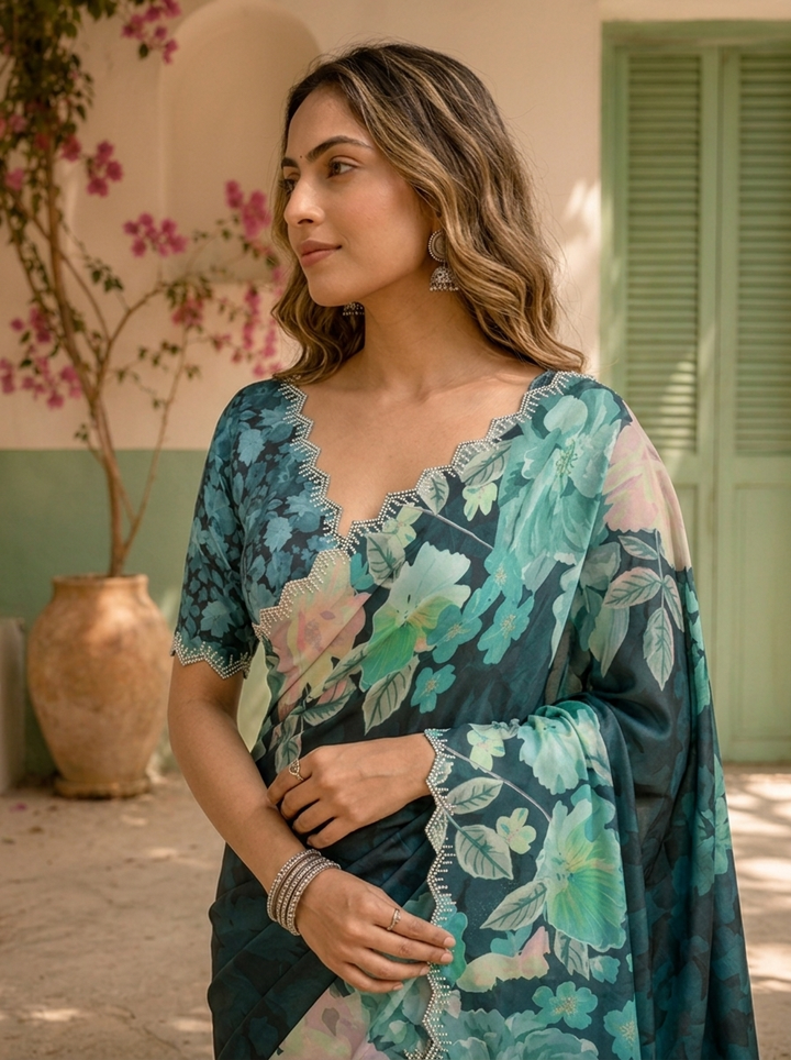 Green Satin Large Floral Printed Saree