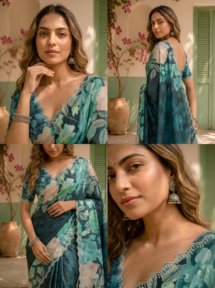 Green Satin Large Floral Printed Saree