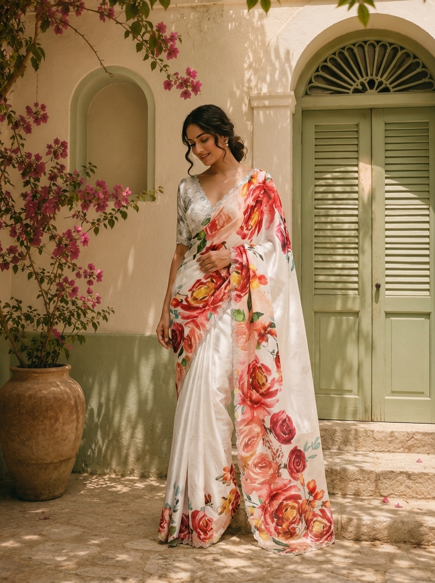 Off White Satin Digital Watercolor Floral Printed Saree