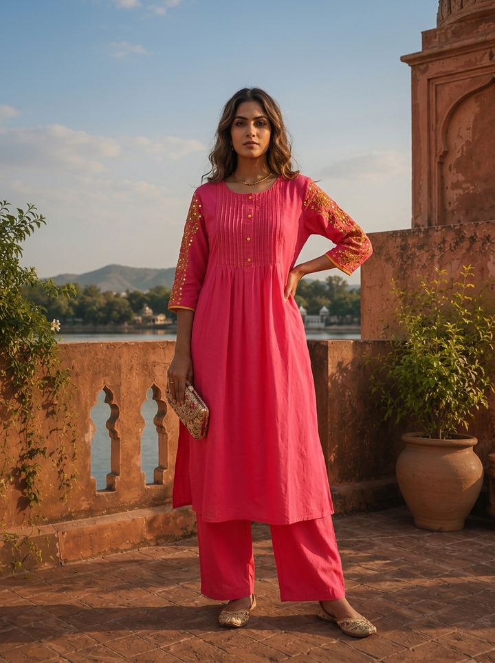 Rani Pink Cotton Solid With Thread Embroidered Two Piece Set