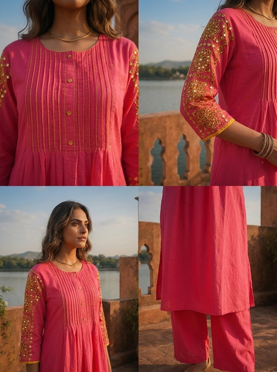 Rani Pink Cotton Solid With Thread Embroidered Two Piece Set