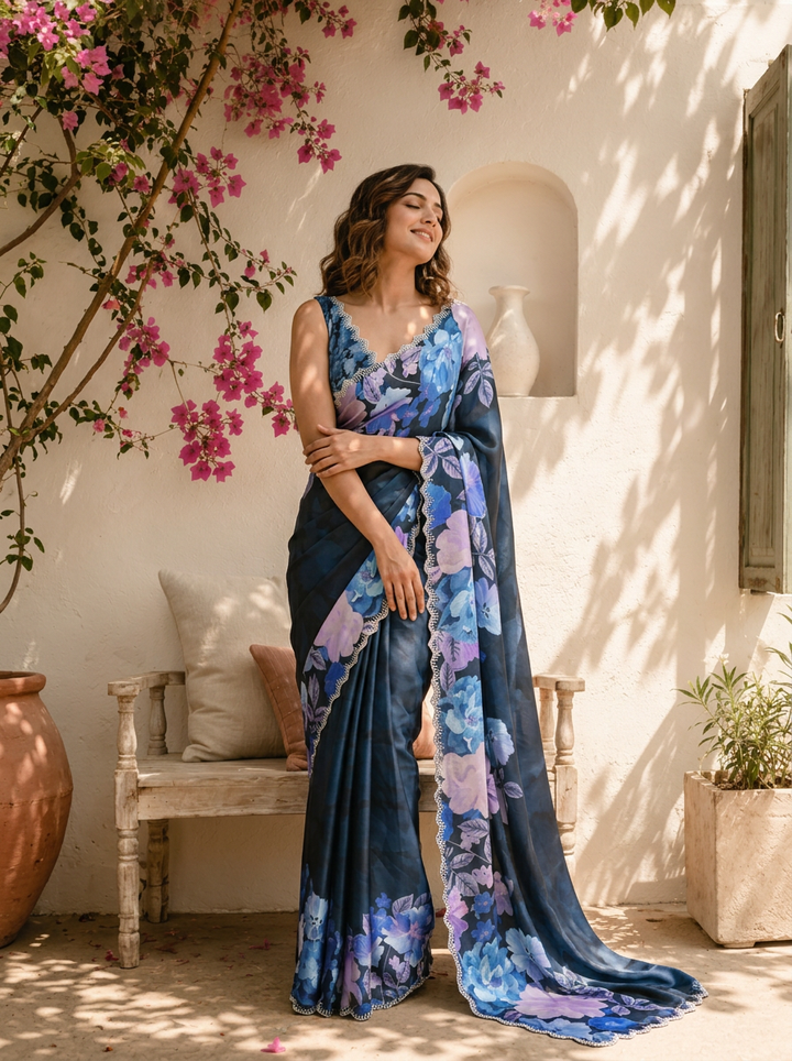 Blue Satin Large Floral Printed Saree