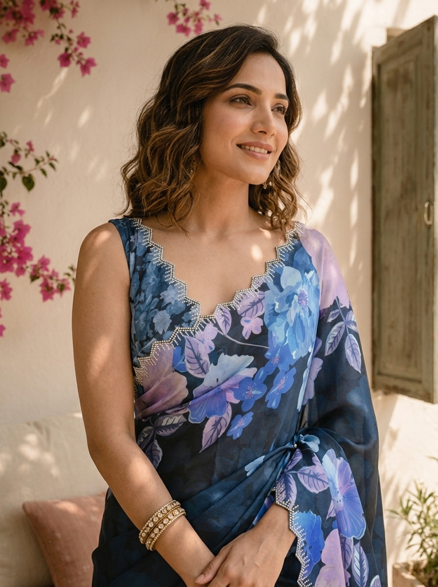 Blue Satin Large Floral Printed Saree