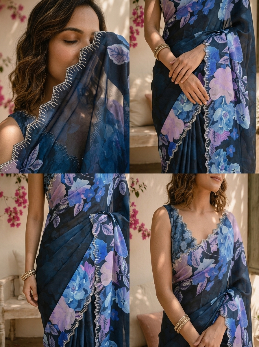 Blue Satin Large Floral Printed Saree