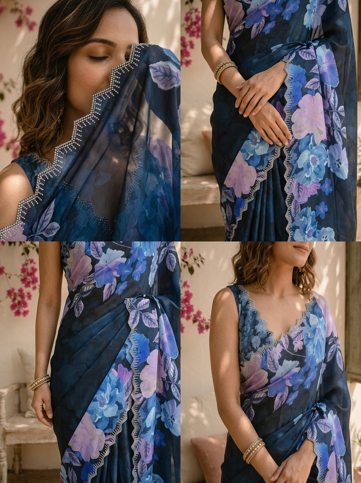 Blue Satin Large Floral Printed Saree