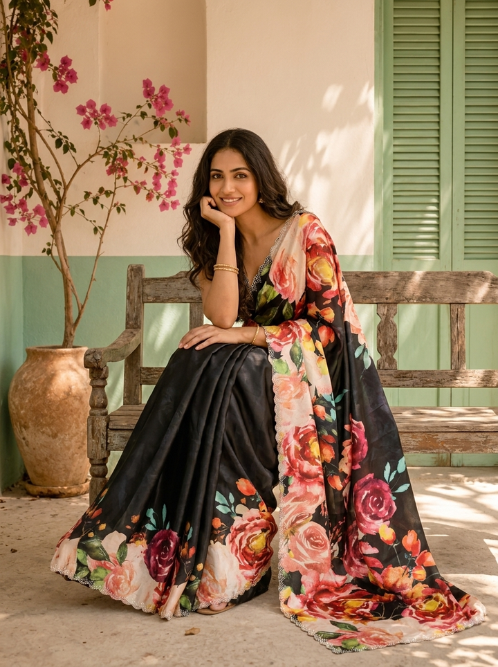 Black Satin Digital Watercolor Floral Printed Saree