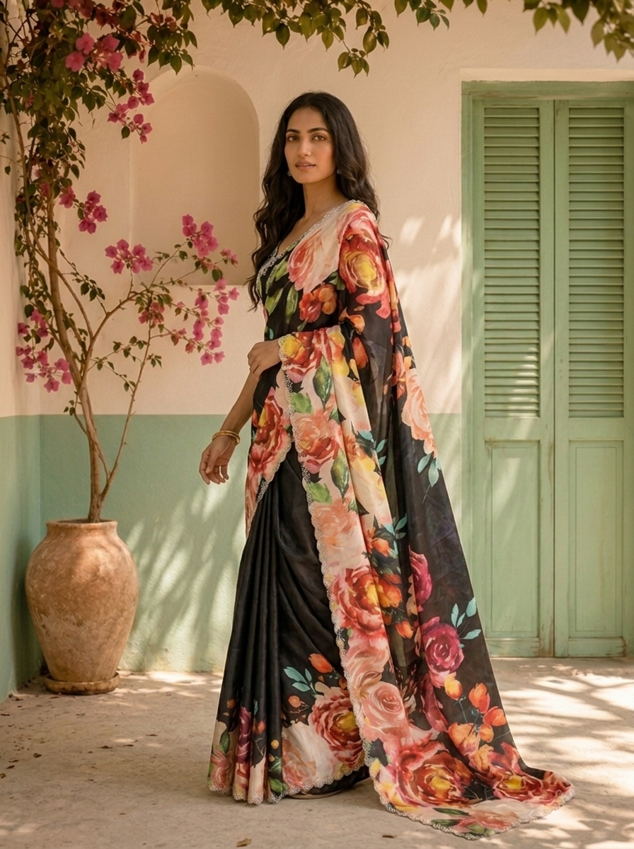 Black Satin Digital Watercolor Floral Printed Saree