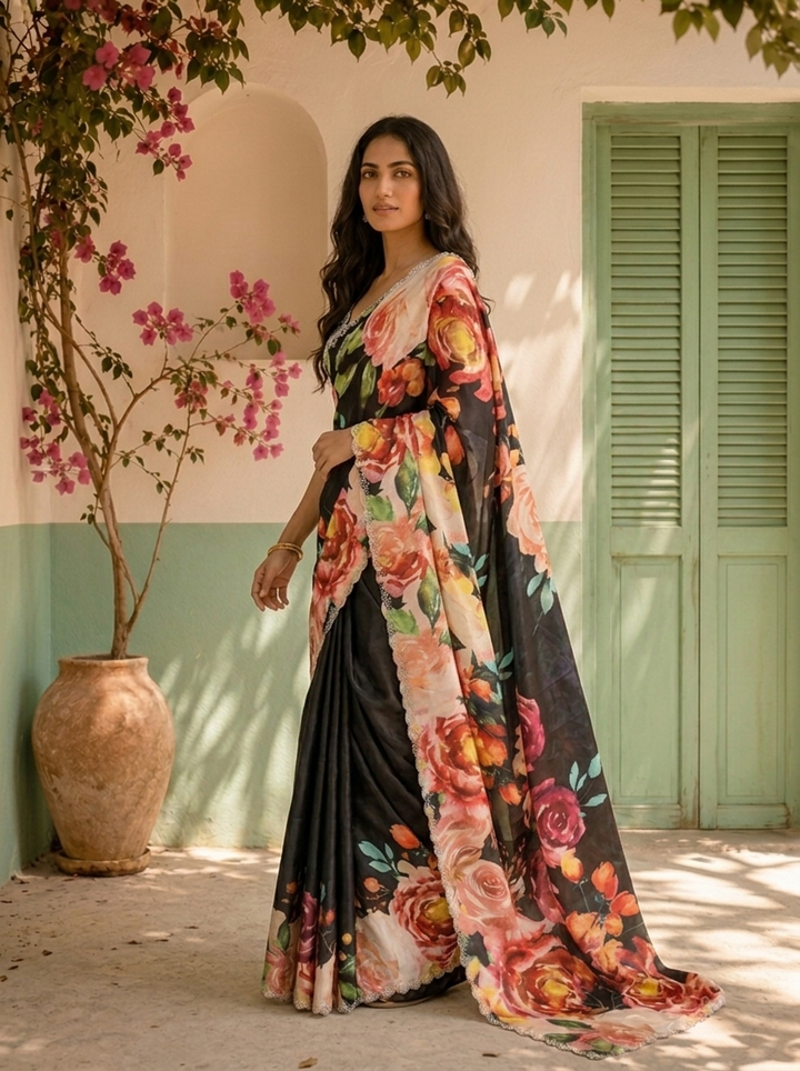 Black Satin Digital Watercolor Floral Printed Saree