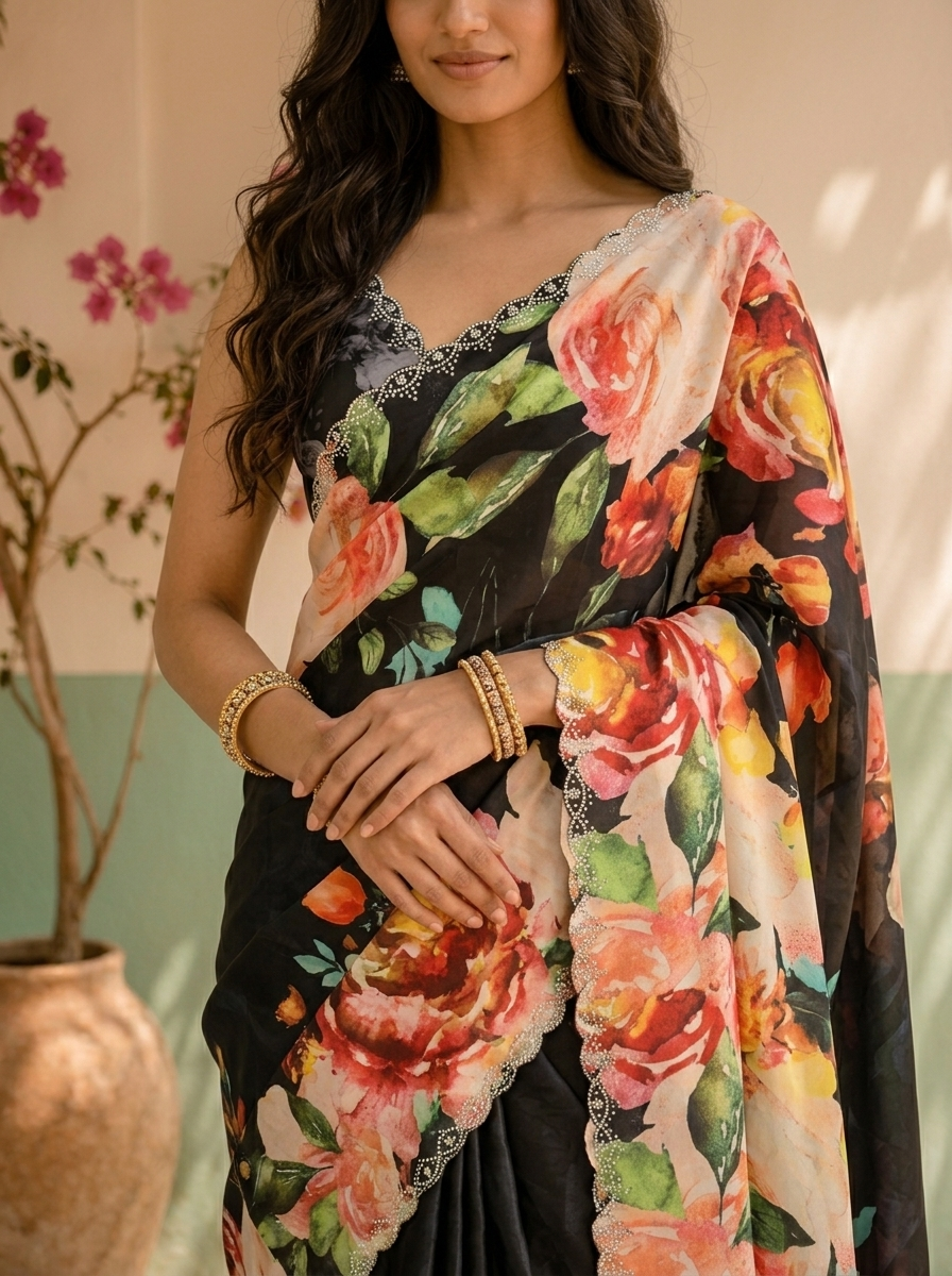 Black Satin Digital Watercolor Floral Printed Saree