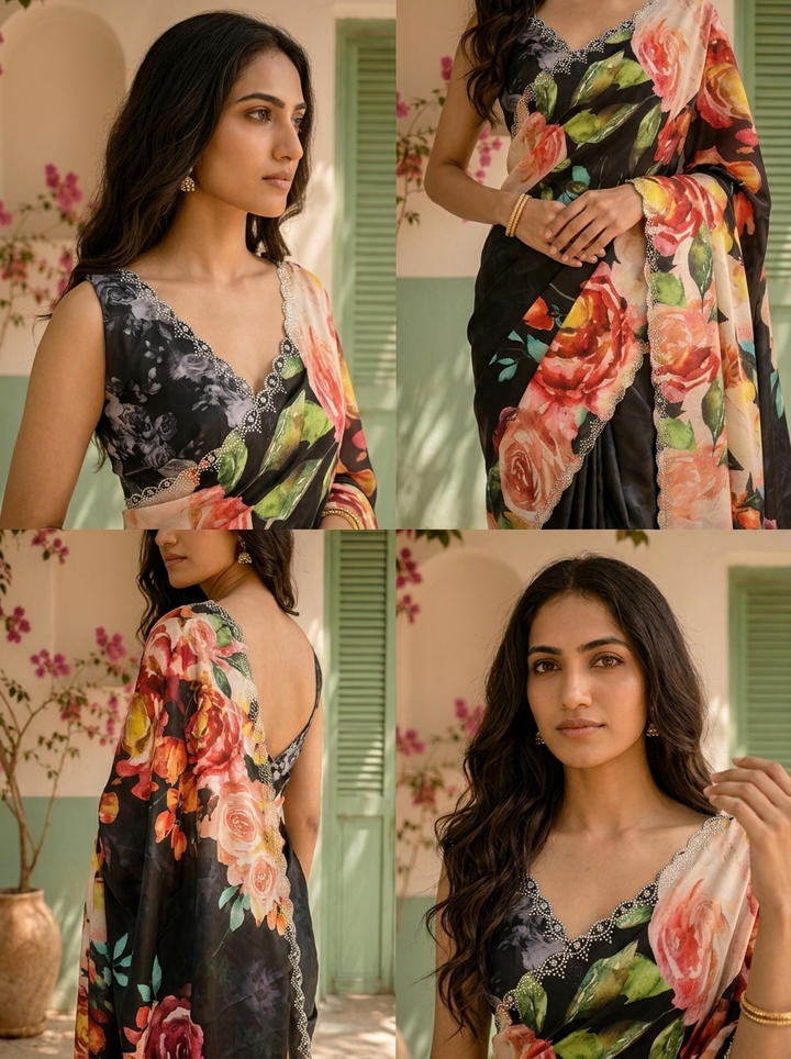 Black Satin Digital Watercolor Floral Printed Saree