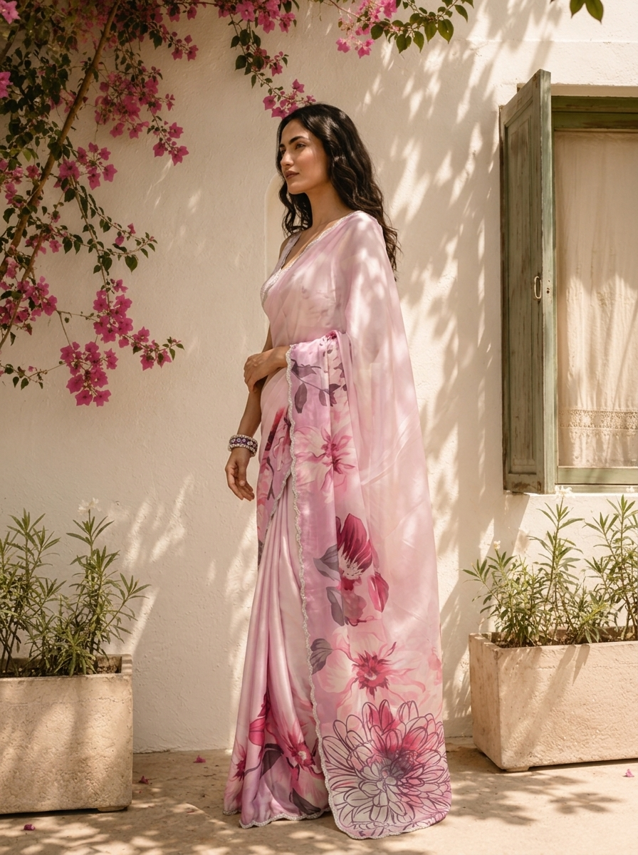 Pink Satin Large Digital Floral Printed Saree