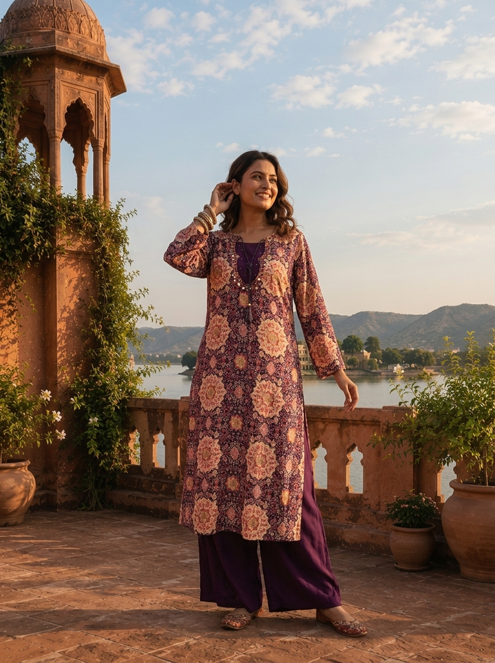 Purple Rayon Mughal Jaali Digital Printed Two Piece Set