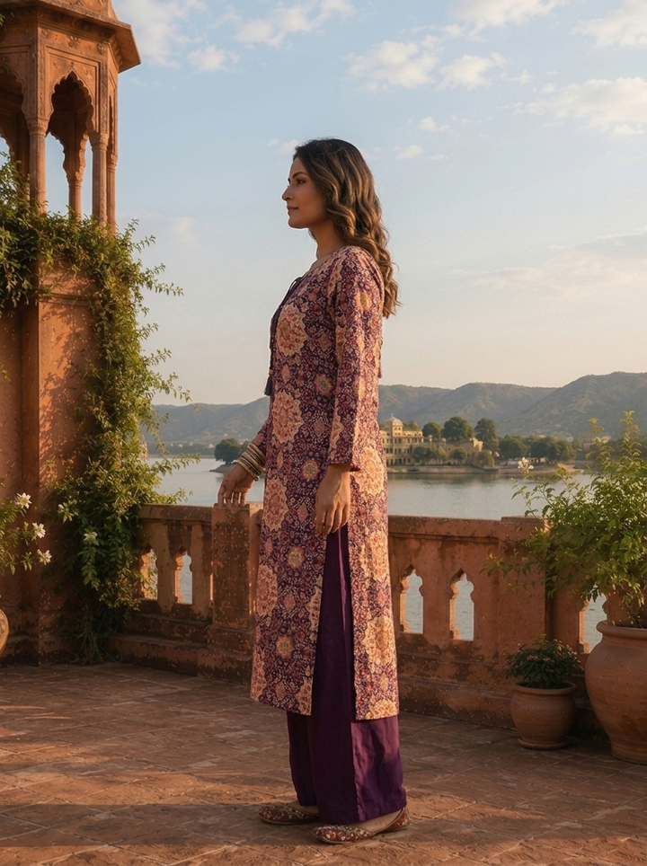 Purple Rayon Mughal Jaali Digital Printed Two Piece Set