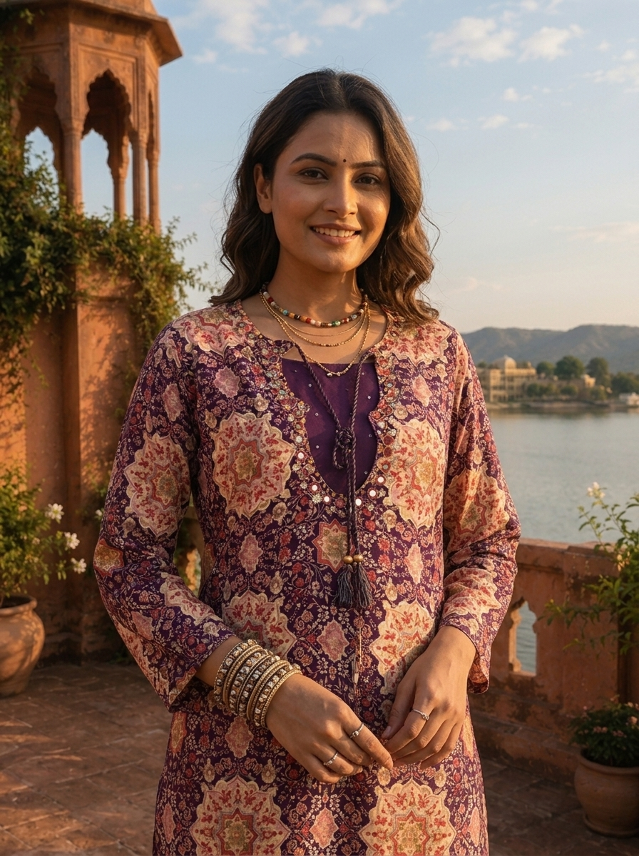 Purple Rayon Mughal Jaali Digital Printed Two Piece Set
