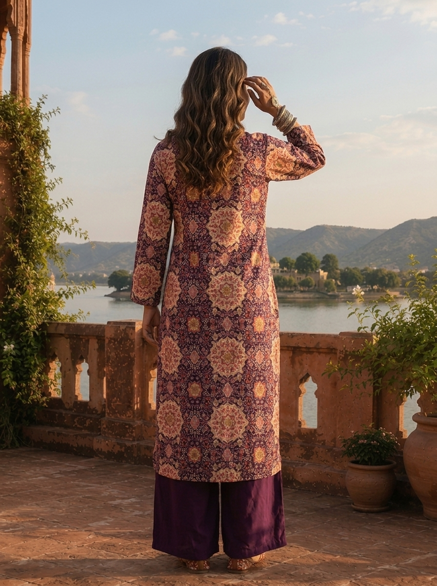 Purple Rayon Mughal Jaali Digital Printed Two Piece Set