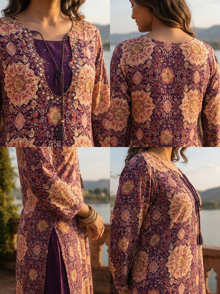 Purple Rayon Mughal Jaali Digital Printed Two Piece Set