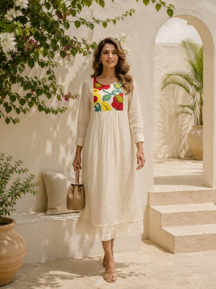Cream Cotton Colorful Floral Embroidered Long A-Line Dress