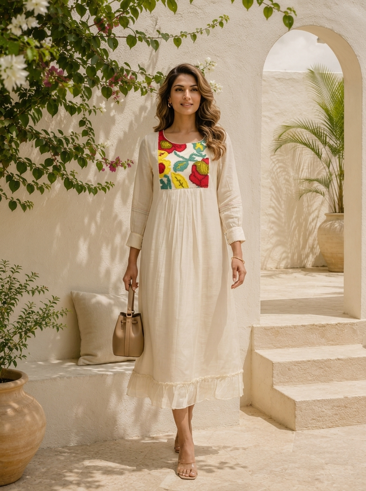 Cream Cotton Colorful Floral Embroidered Long A-Line Dress