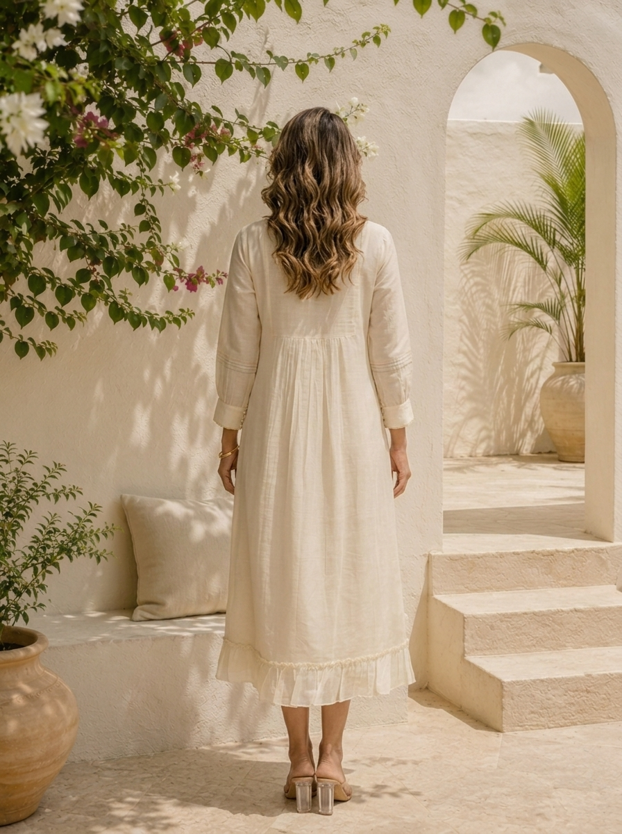 Cream Cotton Colorful Floral Embroidered Long A-Line Dress