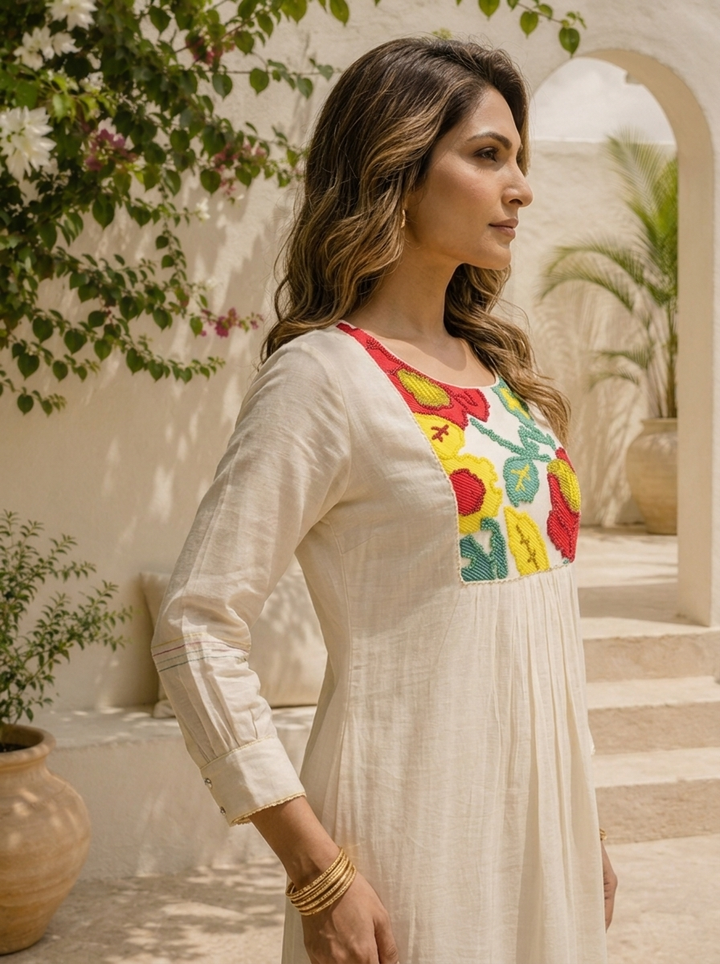 Cream Cotton Colorful Floral Embroidered Long A-Line Dress