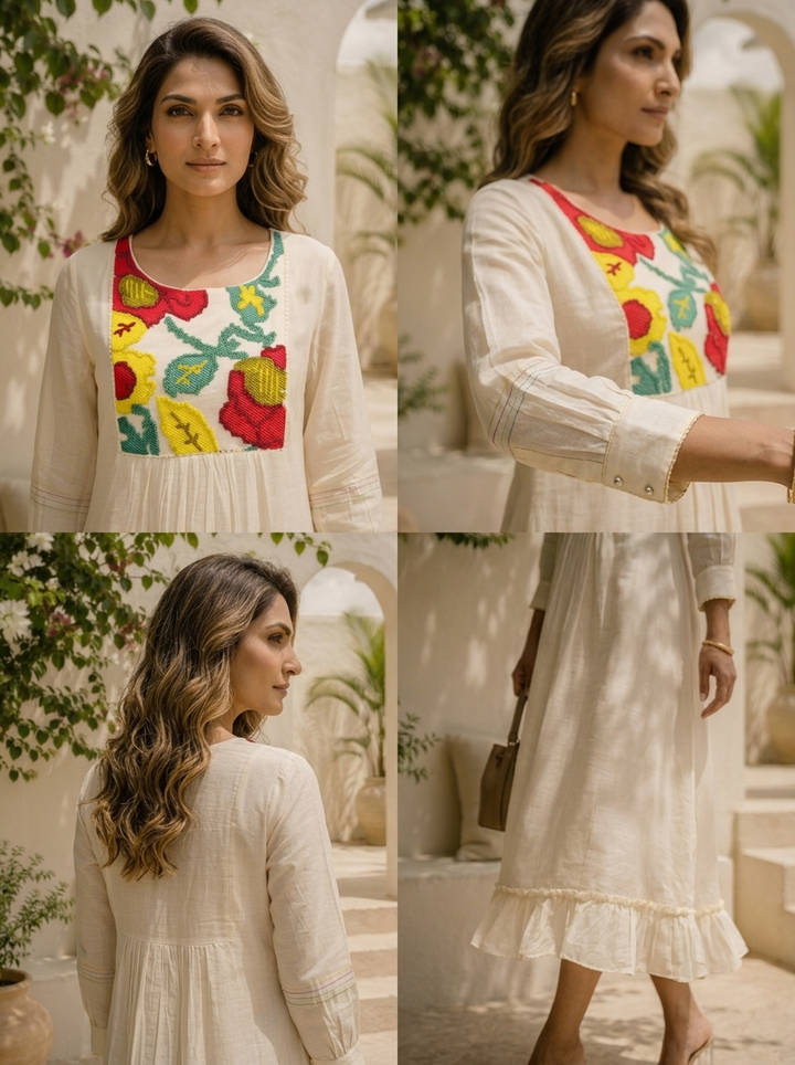 Cream Cotton Colorful Floral Embroidered Long A-Line Dress