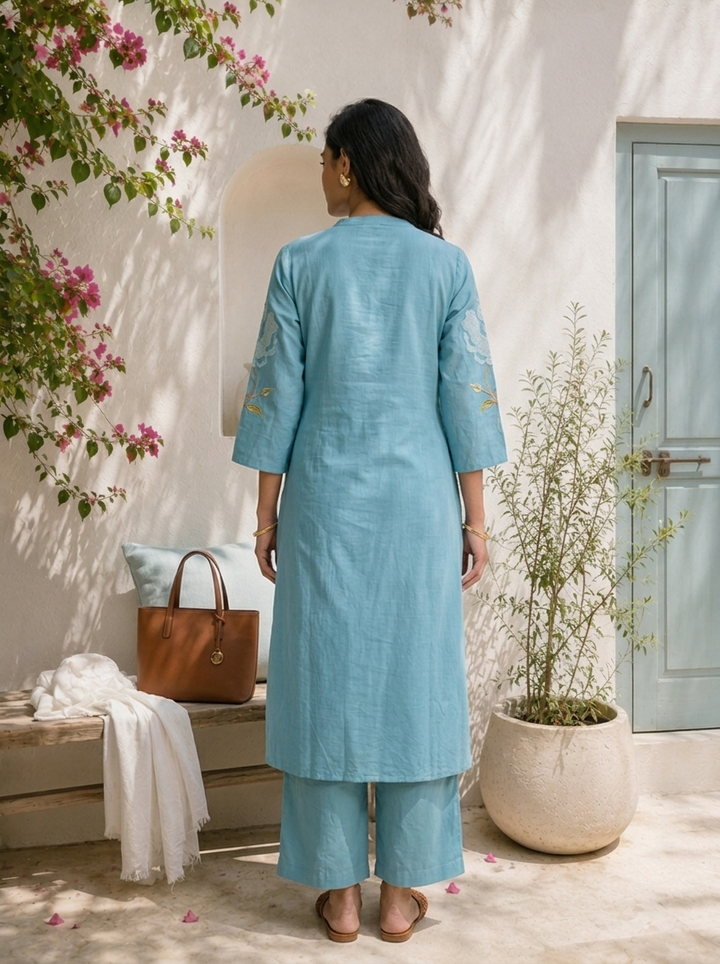 Teal Cotton Rose Embroidered Three Piece Set