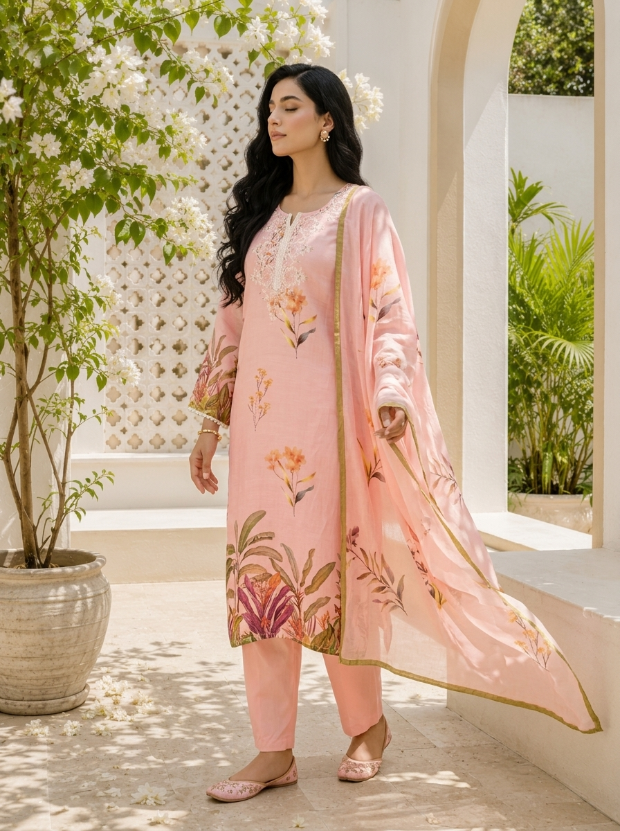 Baby Pink Linen Botanical Printed Three Piece Set