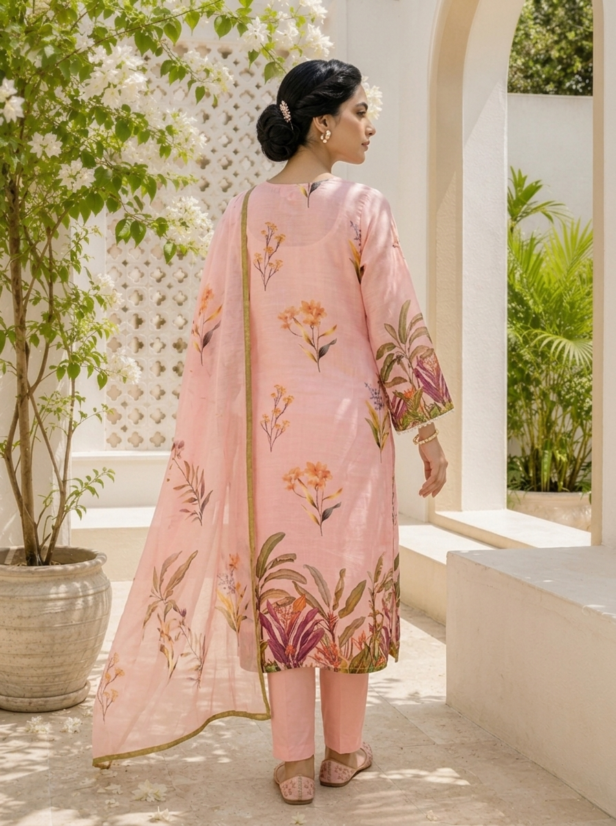 Baby Pink Linen Botanical Printed Three Piece Set