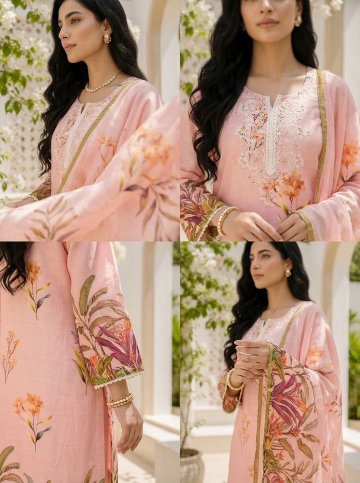 Baby Pink Linen Botanical Printed Three Piece Set