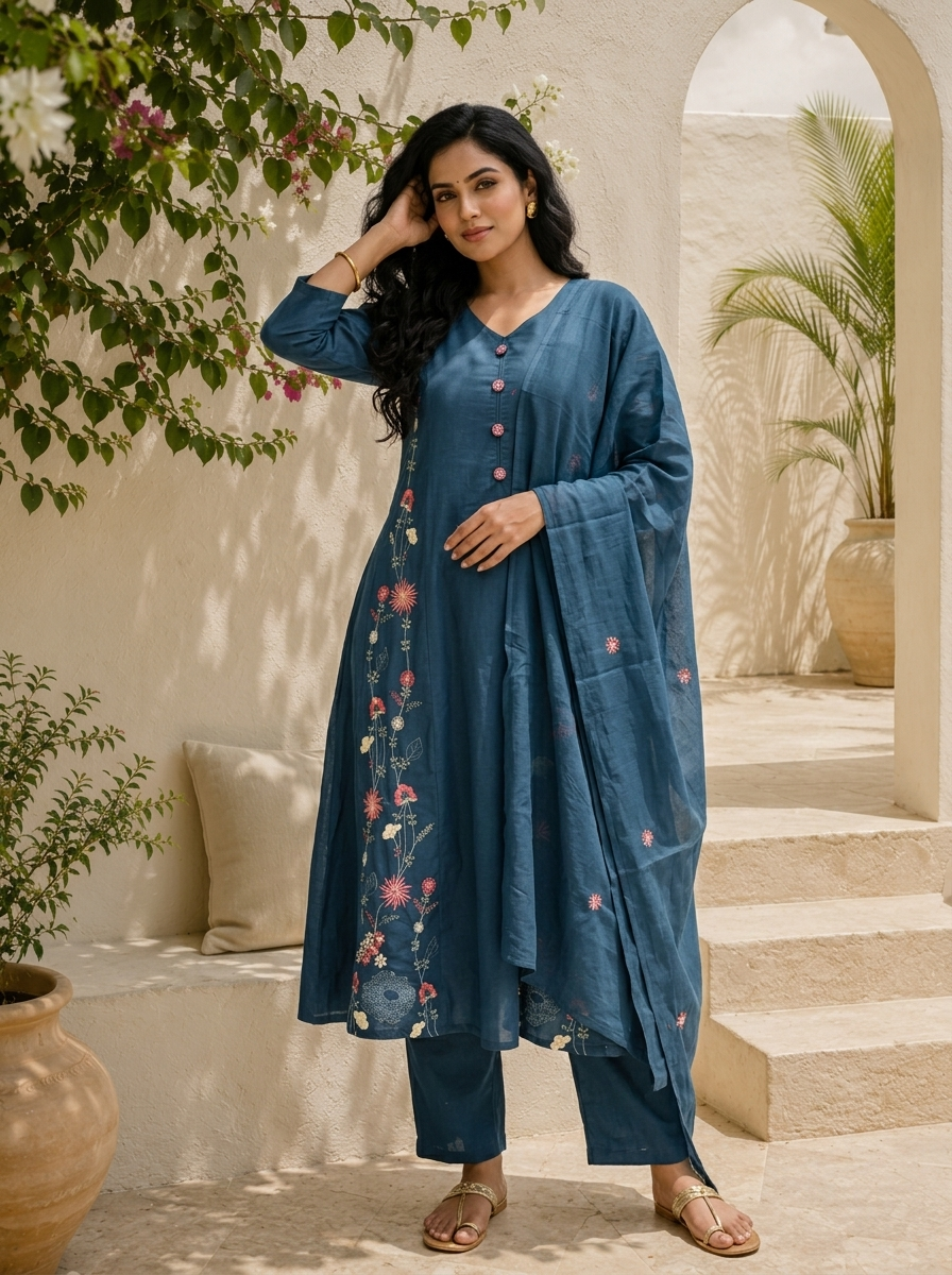 Teal Cotton Side Panel Floral Vine Embroidered Three Piece Set