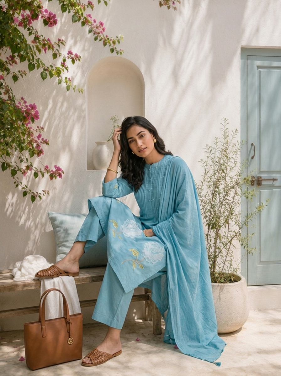 Teal Cotton Rose Embroidered Three Piece Set