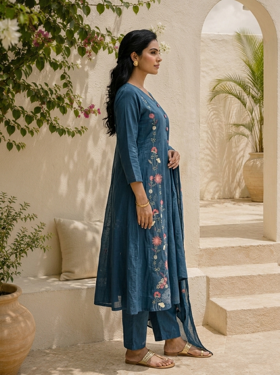Teal Cotton Side Panel Floral Vine Embroidered Three Piece Set