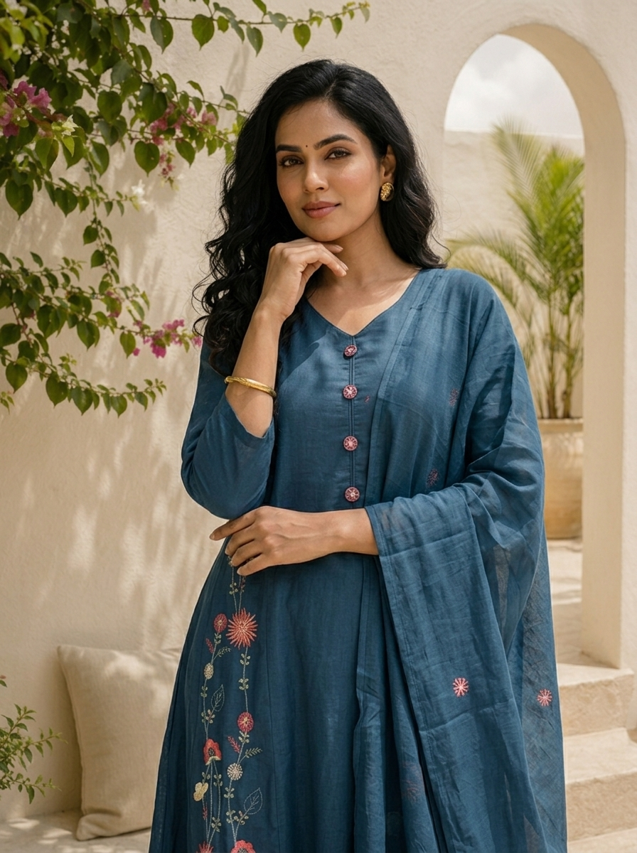 Teal Cotton Side Panel Floral Vine Embroidered Three Piece Set
