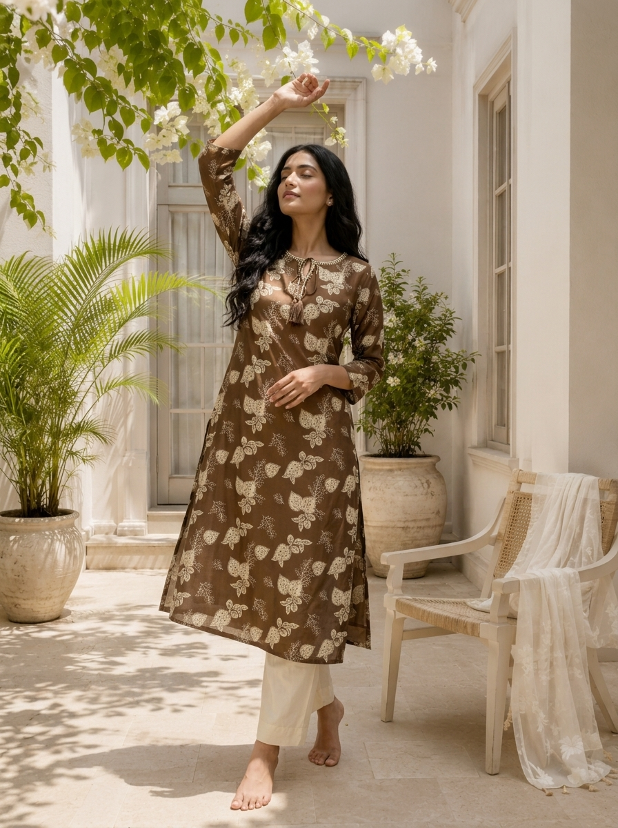 Brown Cotton Botanical Leaf Block Printed Kurta