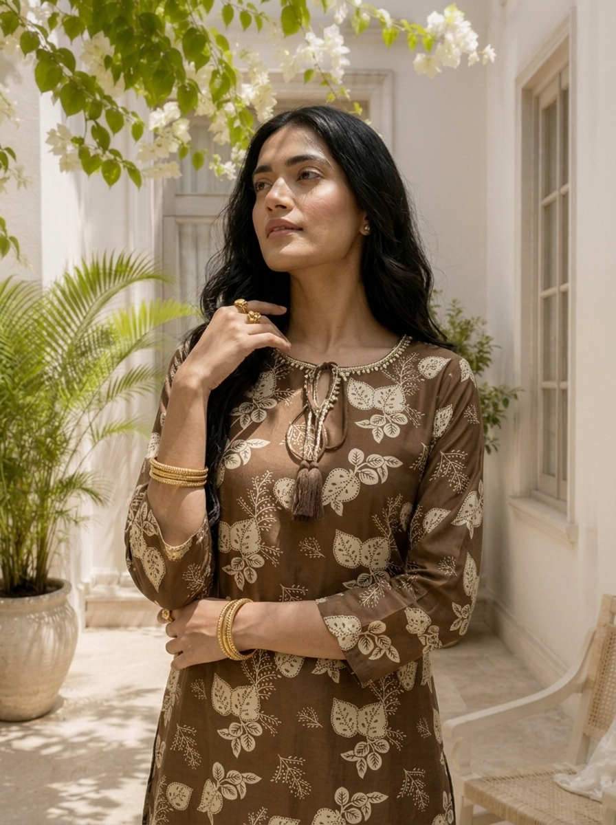 Brown Cotton Botanical Leaf Block Printed Kurta