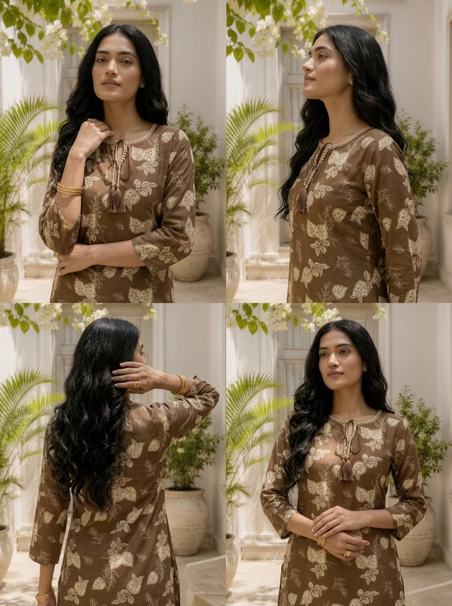 Brown Cotton Botanical Leaf Block Printed Kurta