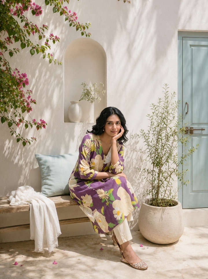 Purple Cotton Botanical Floral Printed Kurta