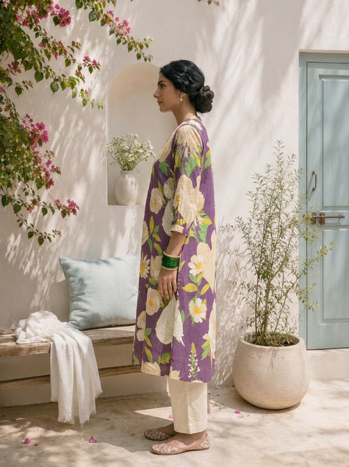 Purple Cotton Botanical Floral Printed Kurta