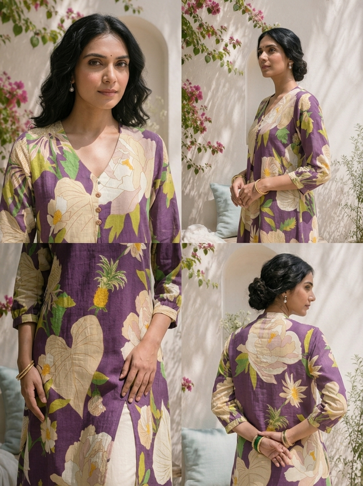 Purple Cotton Botanical Floral Printed Kurta