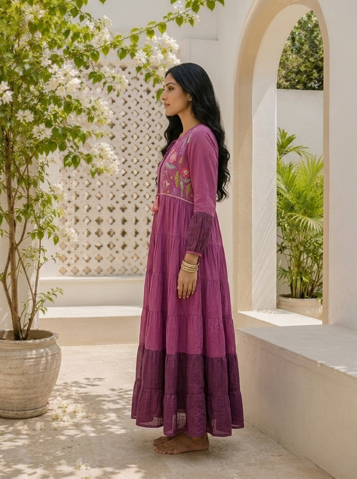 Wine Cotton Floral Thread Embroidered Dress
