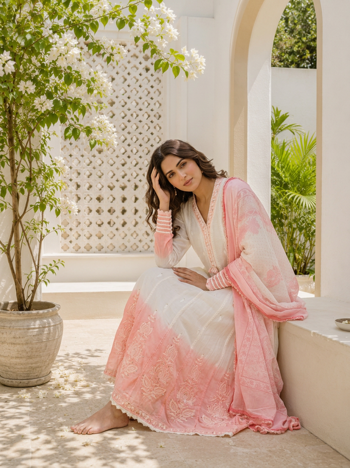 Baby Pink Cotton Ombre Lotus Embroidered Three Piece Set